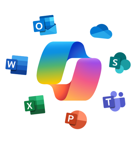 Microsoft Copilot surrounded by Microsoft 365 applications.