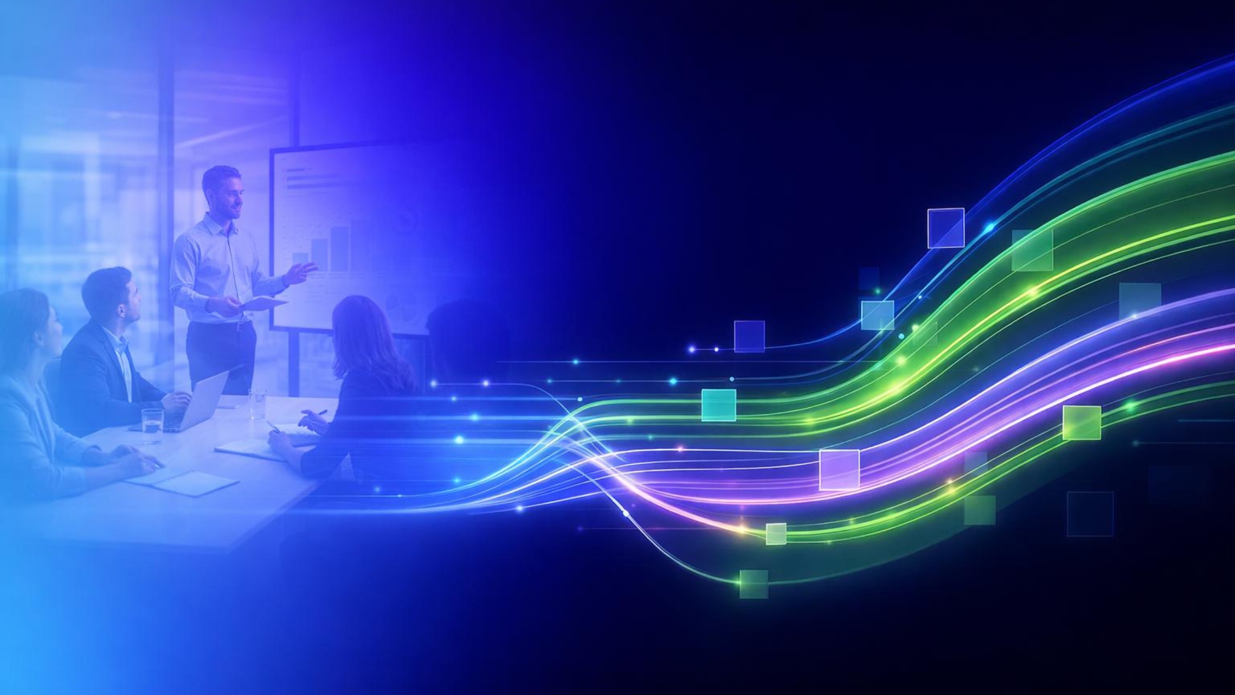 Glowing lines and shapes over a gradient background representing complex processes and data usage for Shadow AI.