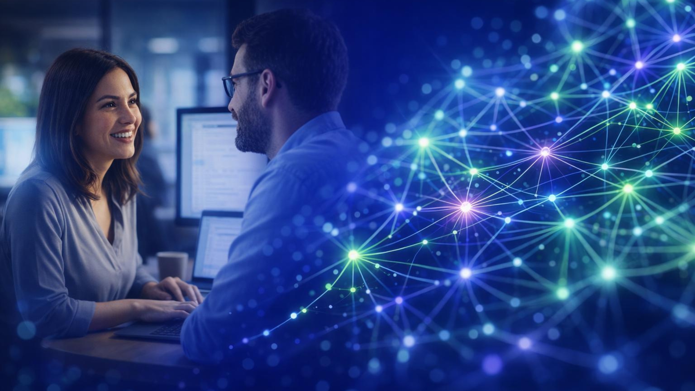 Abstract colourful image of line art and two people in an office representing connectivity.