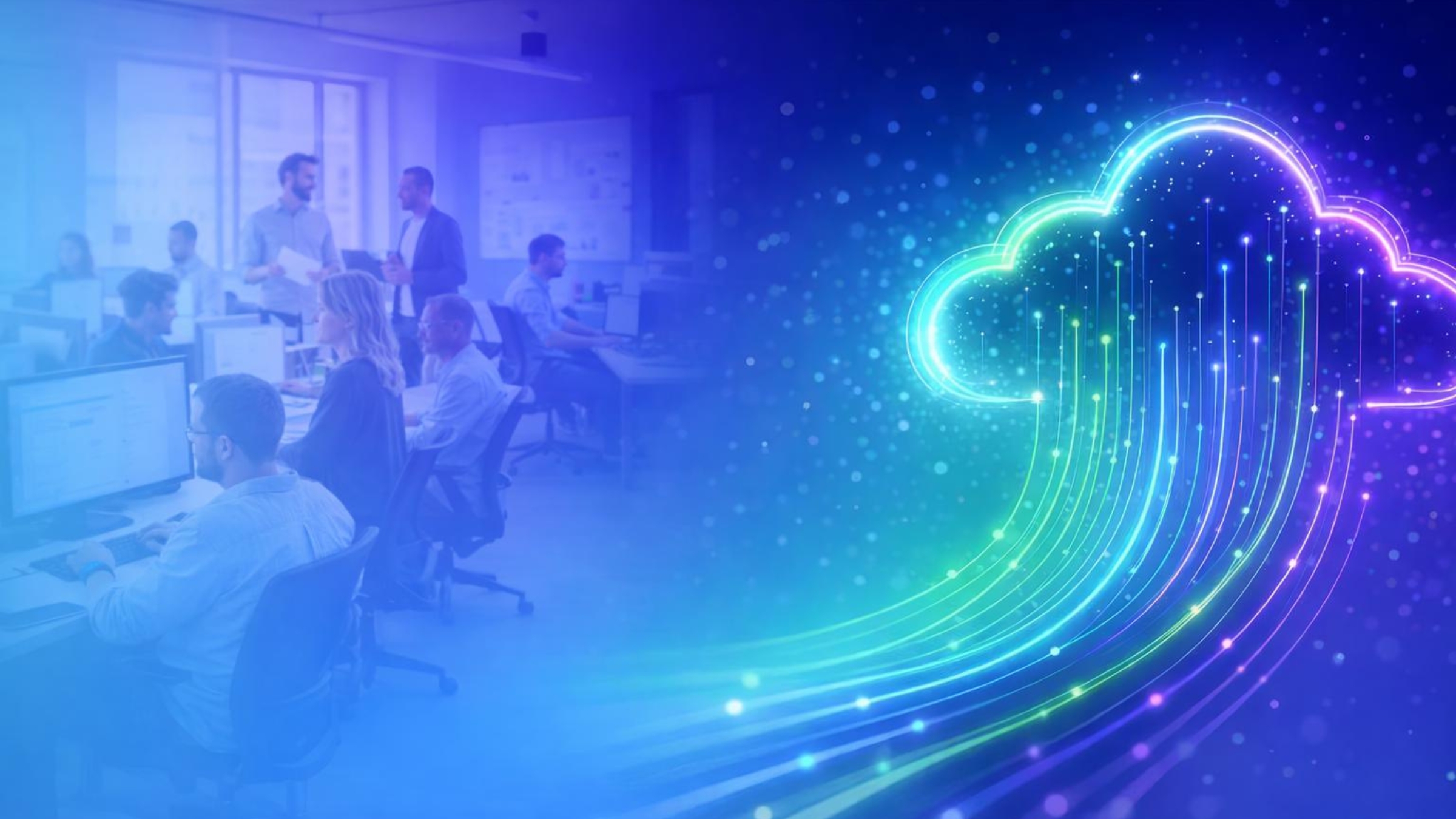 Glowing lines depicting information going into a cloud and an image of a busy small business office.