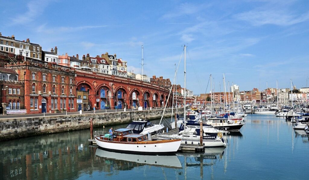 Ramsgate marina and seafront retail stores in Kent.