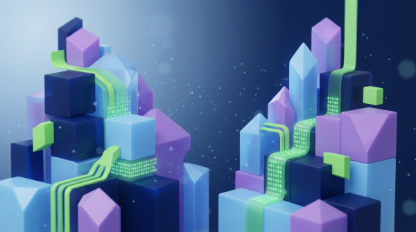 Abstract image of several colourful blocks built up into towers with a "binary stream" flowing down it containing ones and zeroes, representing the secure flow of data.