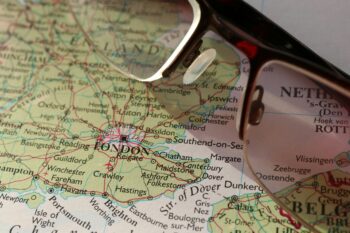 A closeup of a map of Kent, London, Surrey, Sussex, Essex and the South-East of England.