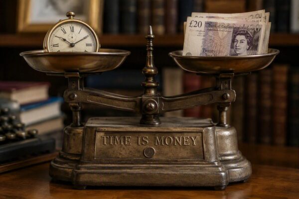 An old fashioned weighing scale with a stopwatch in one tray and £20 notes in the other.
