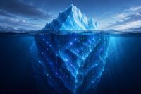 The top of an iceberg is visible, but underwater is a complex digital network representing unseen AI usage in businesses.