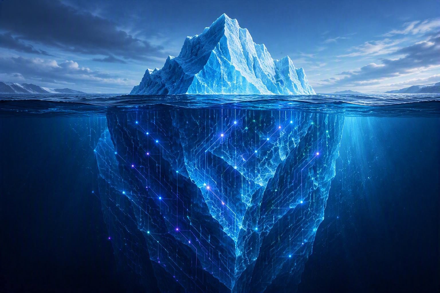 The top of an iceberg is visible, but underwater is a complex digital network representing unseen AI usage in businesses.