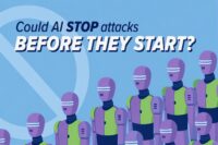 Illustration of robots that represent AI agents used to stop cyber attacks for businesses. The title reads "Could AI stop attacks before they start?"