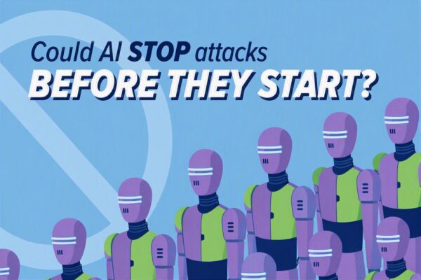 Illustration of robots that represent AI agents used to stop cyber attacks for businesses. The title reads "Could AI stop attacks before they start?"